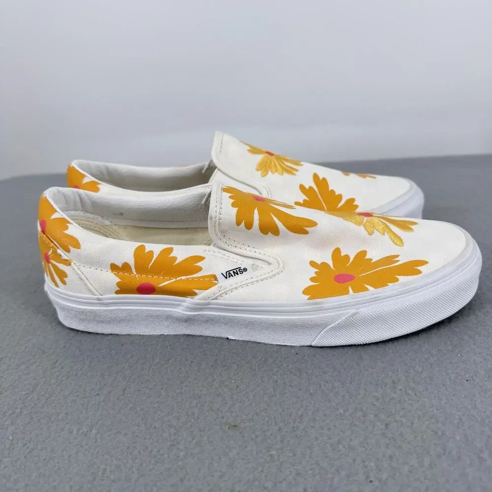 Vans Classic Slip-On Shoes Mens Size 7 Womens 8.5 White Daisy Floral Canvas - Picture 5 of 8